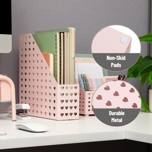 Mind Reader Vertical File Holder, Metal Magazine Organizer with Heart Cutout Design, Desktop Document Storage, Non-Skid Base, Pink