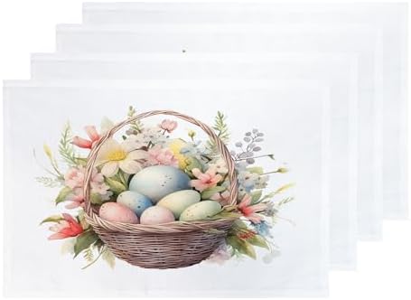 Shrahala Easter Basket with Eggs Set of 4 12 X 18 Inch Linen Placemats, Basket of Colorful Eggs Burlap Table Mat Washable Double Layered Heat Insulation for Indoor/Outdoor