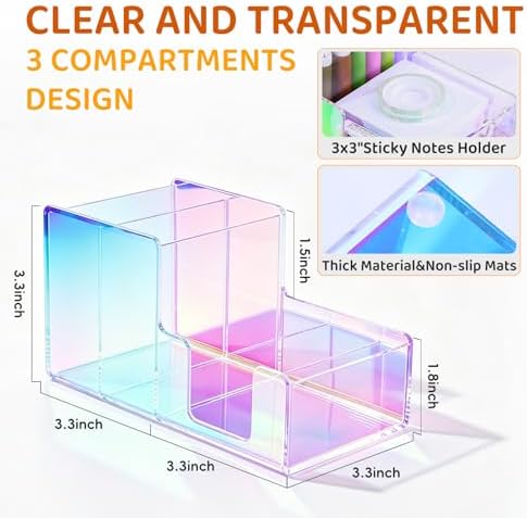 Iridescent Acrylic Desk Organizer with 3 Compartments - Clear Pencil Holder for Office, School & Home - Large Capacity Stationery Storage for Pens, Scissors, Sticky Notes, Paper Clips - Non-Slip Base