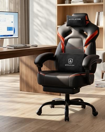 GTPLAYER Big and Tall Gaming Chair with Footrest, High Back Ergonomic Office Chair for Adults, Heavy Duty 350 lbs Capacity, Premium Leather & Iridescent Trim, ACE-Armor, Red