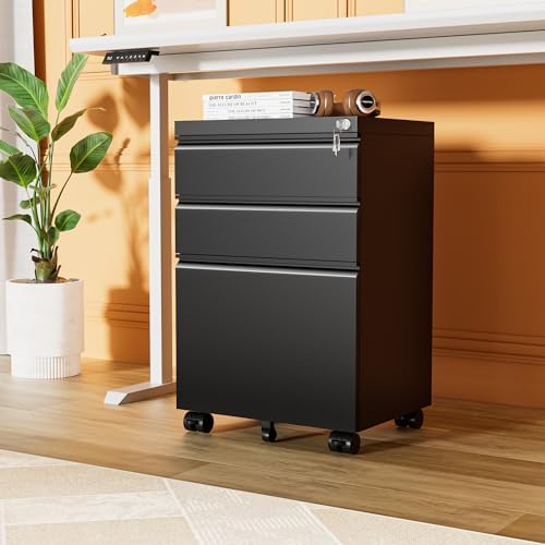 INTERGREAT 3 Drawer File Cabinet, Metal Filling Cabinets with Lock, Locking Office Mobile Cabinet with Wheels for Legal/Letter Size, Under Desk, Assembled Required, Black