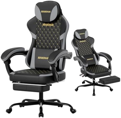 Ergonomic Gaming Chair with Footrest & Massage Lumbar Pillow, Height Adjustable 360° Swivel Computer Chair, Linked Armrest & Headrest for Office Gaming (Black Grey)