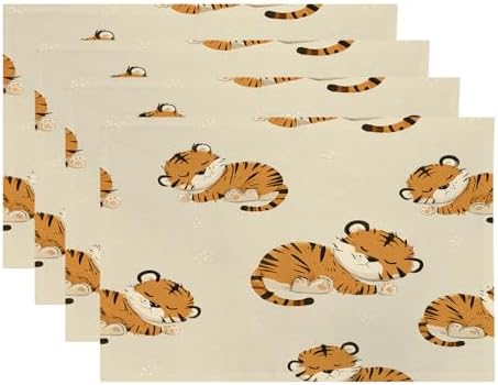 Cute Tiger in Tan Linen Placemats, Sleeping Tigers Pattern Table Mats for Table Washable Heat Insulation Thick Dining Mat, Indoor/Outdoor 12X18 in 4 Pcs