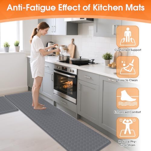 TranquilRelax Kitchen Mats, Cushioned Mats with Extra-Long Runner, Grey