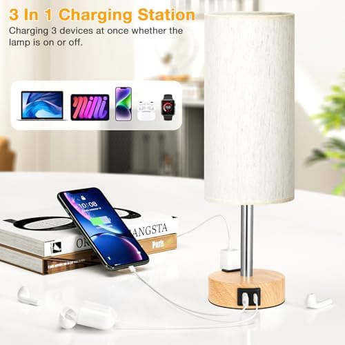 Touch Bedside Table Lamps Set of 2 - Bedroom Lamp with USB A+C, AC Outlet