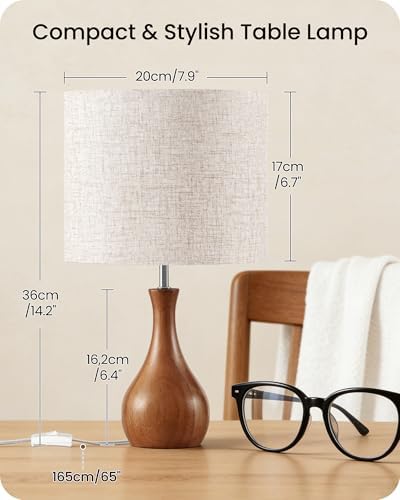 Wood Table Lamps Set of 2, Small Bedside Lamps Set of 2, Beige Linen Lampshade & Dark Pearwood Base, 14.2" Small Table Lamp, Nightstand Lamps for Bedroom, Small Space, E26 Socket, LE09TLP205