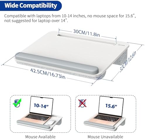 Besign LT08 Laptop Stand, Portable Lap Desk with Pillow Cushion, Fits up to 14 inch Laptop, with Anti-Slip Strip for Desk, Sofa & Bed, White and Gray