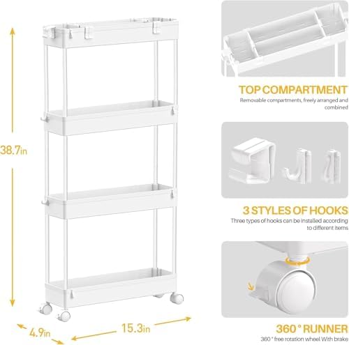 SPACELEAD Slim Storage Cart(2 Pack),4-Tier Rolling Utility Organizer