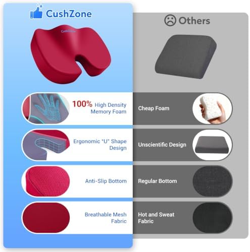 CushZone Memory Foam Seat Cushion for Office Hair, Car & Wheelchair, Red