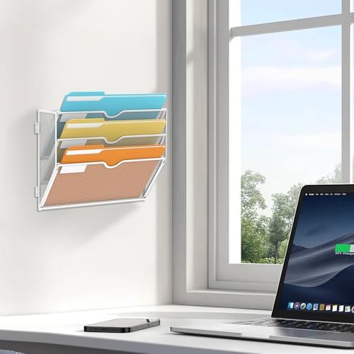 SUPEASY 3-Tier Wall File Organizer, Hanging Wall Mounted Mail Organizer with Label Slots, Metal Mesh File Holder Magazine Rack for Office, Home, School or Classroom, White