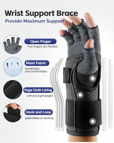 FEATOL Compression Arthritis Glove with Wrist Brace, Comfortable Fingerless Carpal Tunnel Hand Gloves for Women Night Support, Pain Relief for Rheumatoid Arthritis, Work, Typing - Left Hand, Large, Black
