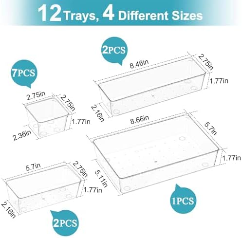 Manalete 12 Pcs Clear Plastic Drawer Organizer, Makeup & Vanity Organizer