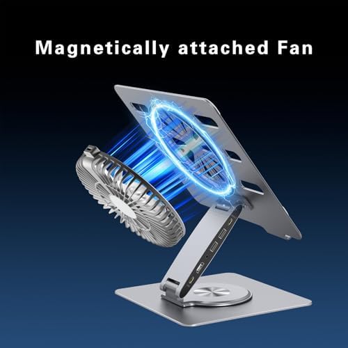 USB-C Hub Laptop Stand with Fan, Aluminum Laptop Riser with Docking Station 9-IN-1, 4K@60Hz HDMI, 100W PD Charging, USB 3.0, 3.5mm Audio, 360° Swivel, for MacBook Pro/Air, iPad Pro & Type-C Laptops