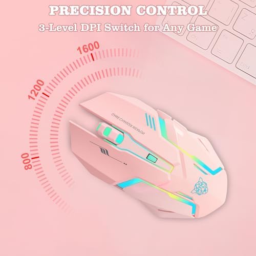 Wireless Gaming Mouse,Rechargeable Computer Mouse with Type-C Fast Charging, Ergonomic Mouse with 3 Adjustable DPI, 6 Silent Buttons, LED Light, Long Battery Life for Laptop, PC, Mac (Pink)