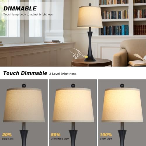 Rinweey 27.5" Table Lamps Set of 2, Touch Bedside Lamps with USB C+A Ports, 3 Way Dimmable Nightstand Lamps for Bedroom, Living Room, Office, Black Lamp with Beige Lampshade, Bulbs Included