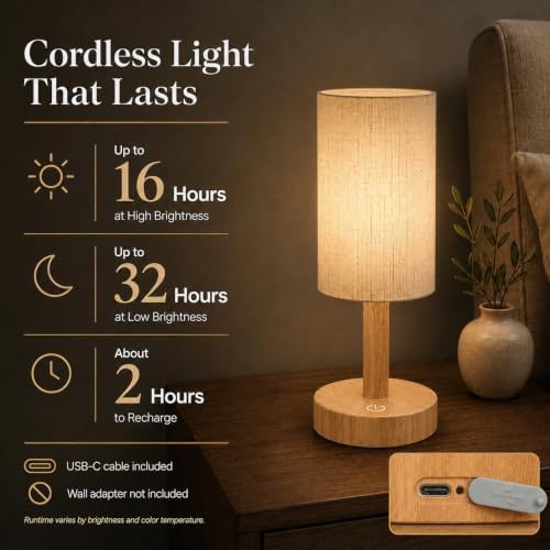 Small Rechargeable Cordless Table Lamp, Nightstand to Desk, Warm Oak