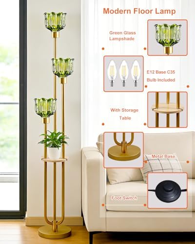Lightdot Flower Glass Floor Lamp with Shelf Green Floral Gold Floor Lamps