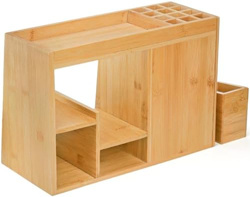 Elsjoy Large Countertop Bamboo Makeup Organizer with 3 Drawers, 12-Grid Lipstick Holder, Jewelry Hanging Hooks, Makeup Brush Holder, Desktop Wood Cosmetic Organizer Stand for Vanity