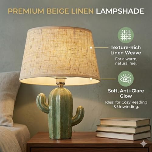 Cactus Lamp, Cute Modern Desk Lamp with Beige Linen Fabric Lampshade & Ceramic Base, Adorable Night Light for Bedroom Nightstand