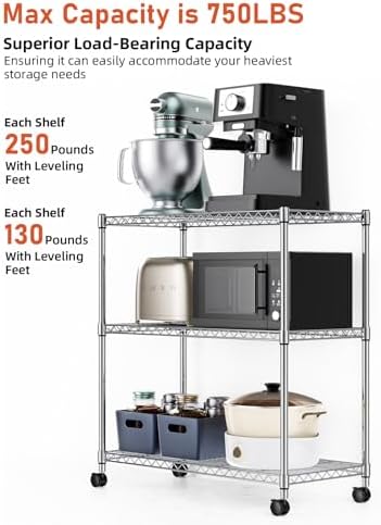HealSmart 3-Tier Heavy Duty Storage Shelves 750Lb Capacity, 24.02" D x 13.78" W x 29.92" H Adjustable Shelving Unit with Wheels, Chrome
