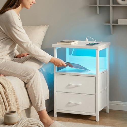 Fixwal Night Stand with Charging Station, White Led Nightstand, 2 Drawers