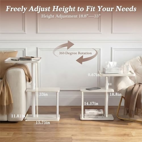 Faesun C Table End Table Adjustable Height, 360°Swivel TV Tray Table for Small Spaces, Small Nightstand for Living Room, Bedroom, White