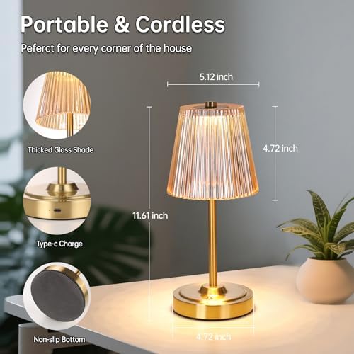 Shenmoyl Set of 2 Cordless Touch Table Lamp with 5200mAh Battery - 3 Adjustable Color Temperatures & Dimmable, Rechargeable Lamp for Bedsides, Living Room, Entryway, Bookshelves (Amber Stripe)