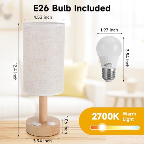 Small Bedside Table Lamp with AC Outlet,Natural Round Wood Base&Fabric Linen Shade,Cozy Night Table Light for Study Reading,Minimalist Boho Desk Lamp for Nightstand,Living Room,Nursery,Kitchen,Dorm