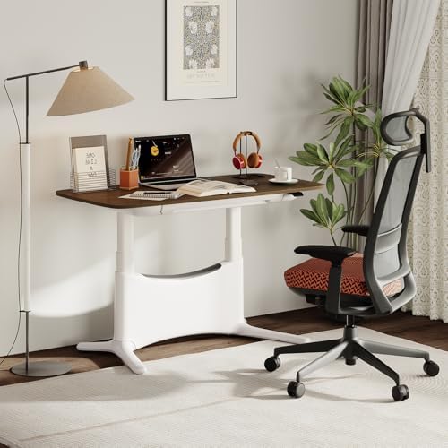 COLAMY Electric Adjustable Standing Desk – 48 x 28 Inch Sit Stand Desk with Drawer & Cable Management, Dual Motor Lift System, Ergonomic Footrest, Home Office Table (MFC Desktop, Walnut + White)