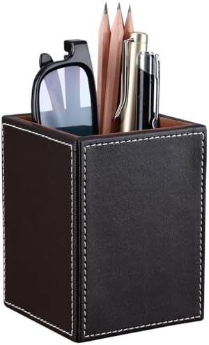 KINGFOM PU Leather Square Pens Pencils Holder Cup Desktop Stationery Organizer Case Office Accessories Container Box Brown