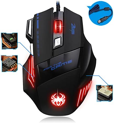 zelotes Ergonomic Gaming Mouse with Rapid Fire Button, 7200 DPI(5-Level Adjustable), 7 Buttons,LED Lighting, USB Wired Optical Mouse for Office/Gaming, Compatible with Laptop/PC (Black)