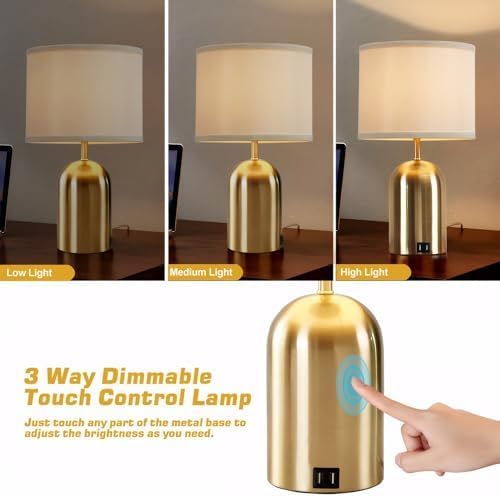 GyroVu Touch Control Table Lamp, Gold Bedside Table Lamps for Bedroom