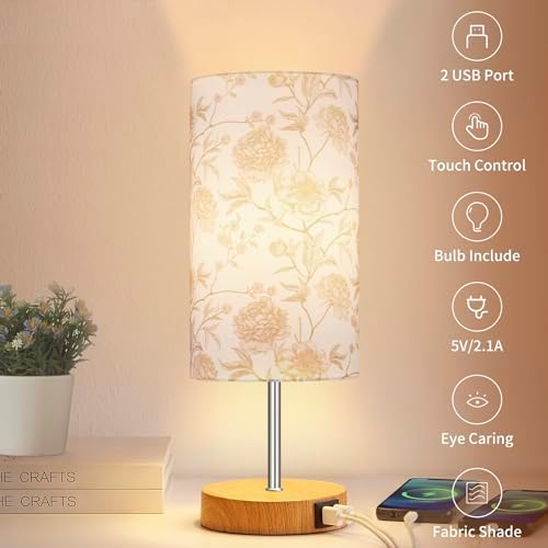 Lolikit Bedside Touch Lamp, Wood Small Table lamp with 2 USB Charging Ports & Flower Fabric Shade, 3-Way Dimmable Nightstand Lamps for Living Room Bedroom Office Reading Desk Home Dorm Pink