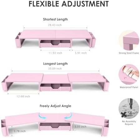 OPNICE Desk Organizers and Accessories, Dual Monitor Stand Riser with Drawer and 2 Pen Holders, Desk Shelf Printer Stand for Office Workspace Organizers, Desktop Organization (Pink)