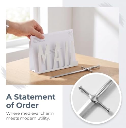 Cutout Mail Lettering Design Mail Holder Organizer Countertop with Sword Letter Opener Set Office Mail Basket Mail Holder and Cute Mail Envelope Opener Sword（White）