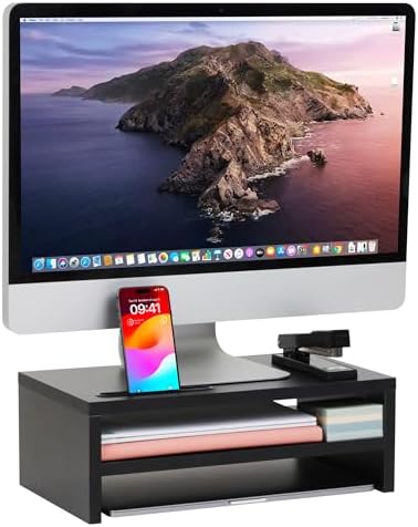 Mind Reader Monitor Stand with Phone Slot and Storage Shelf, Desktop Riser, 88 lb Capacity, MDF Wood, Black