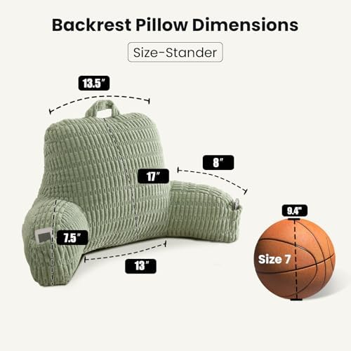 Reading Pillow for Sitting in Bed with Arm,Green Corduroy,M