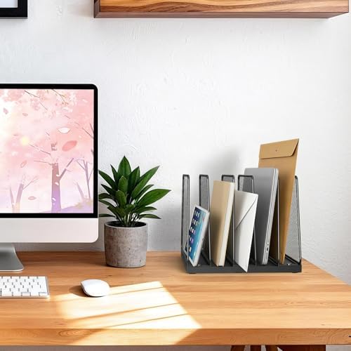 LEKETREE Desk File Organizer, 5-Section Upright File Sorter, Vertical File Folder Holder, Mesh Metal Wood Office Desktop Organization for Document, Magazine, Books and more (Black)
