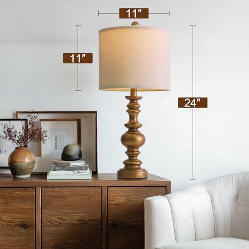 BOBOMOMO 24" Traditional Lamps Set of 2 – Antique Gold Bedside Lamps with Linen Shades, Elegant Medium Farmhouse Lamps for Living Room, Bedroom, and Hallway, Ideal for Warm, Cozy Spaces