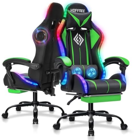 RGB Gaming Chair with Bluetooth Speakers LED Lights Computer Chair-Green