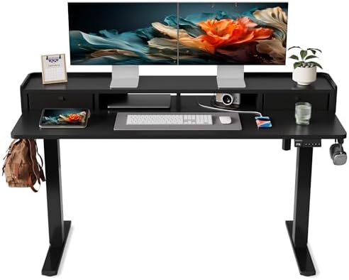 YIHAYO Electric Standing Desk with Drawers, 60 x 24 Inches Adjustable Desk with Storage Shelf, Computer Table with Splice Board for Home Office, Black Frame/Black Top