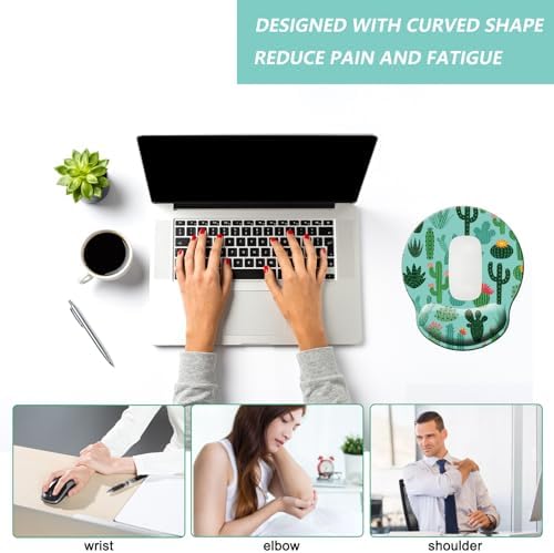 Mouse Pad with Wrist Support, Ergonomic Mouse Pad with Memory Foam Wrist Rest Cushion, Non-Slip Rubber Base Gaming Mice Pad for Home Office Computer Laptop, Cactus