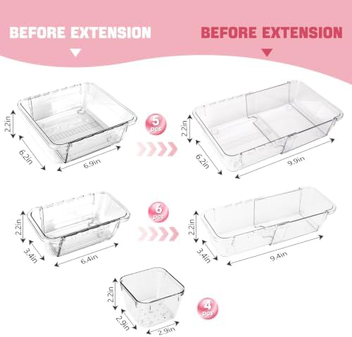 15 PCS Extendable Drawer Organizer Set Clear Stackable Vanity Storage Bins