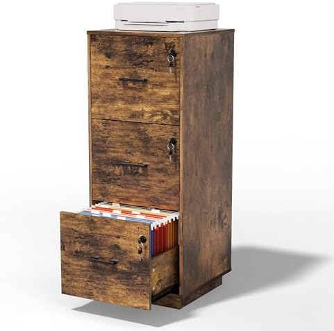 VINGLI 3 Drawer File Cabinet with Lock, Home Office Filing Organizer, for Letter Size File Folder Storage, Wood Tall Vertical Filing Cabinet, Printer Stand, Archivador (Rustic Brown)