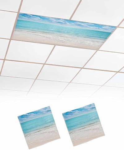 Ocean 2 Pcs Fluorescent Light Covers, Blue Sky Beach Waves Magnetic Filters Shade Panel Light Covers for Ceiling Lights Classroom Office Home Ceiling Decoration, 4 x 2 Ft