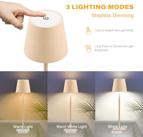 CHLORANTHUS 2 Pack Cordless Table Lamps, 3 Colors Stepless Dimming, 5000mAh Rechargeable Battery LED Desk Lamp for Bedroom/Couple Dinner/Desk/Cafe/Dining Room/Terrace