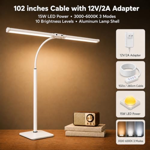 24-Inch Double Head LED Desk Lamp with Base, 15W Architect Desk Light