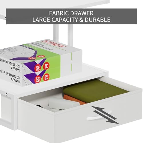 Printer Stand with Storage for Desk, with Fabric Drawer Desktop Printer Stand Shelf Organzier for Home Office, for Above and Under Desk Printer Table, Fax Machine Copier Scanner, White
