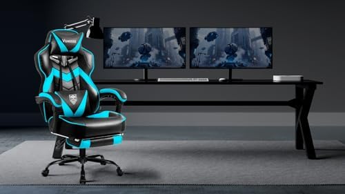 Vonesse Gaming Chair, High Back Gaming Chair with Footrest and Massage, Gaming Chairs for Adults with Pocket Spring Cushion, Big and Tall Reclining Computer Chair with Lumbar Support (Cyan/Black)