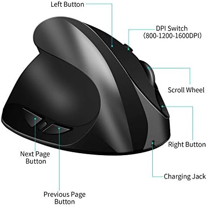 AURTEC Left-Handed Mouse, Rechargeable 2.4G Wireless Ergonomic Vertical Mice with USB Receiver, 6 Buttons and 3 Adjustable DPI 800/1200/1600 for Left Hand, （Black）
